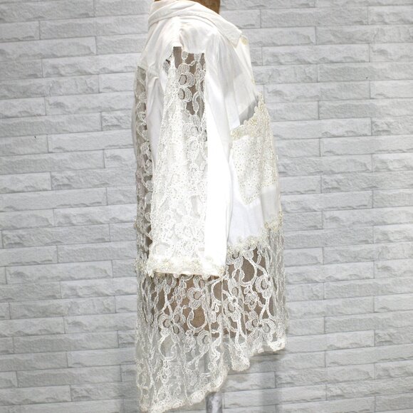 HAND CRAFTED Jacket Upcycled Peplum Lace Pearl Trim Floral White Bridal Large - Picture 4 of 14